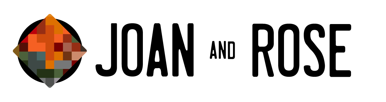 Joan and Rose - logo of coloured pixels on black circle