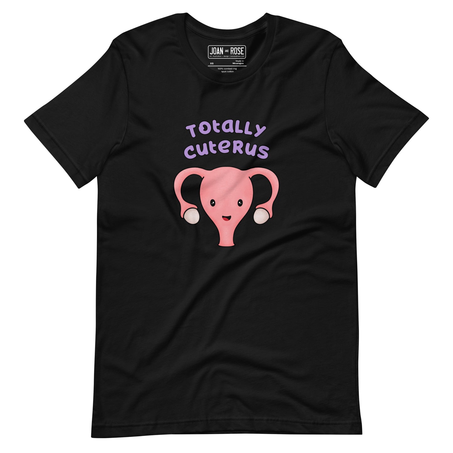Black coloured t-shirt with an illustration of a cute uterus character smiling with the text in purple 'Totally Cuterus'