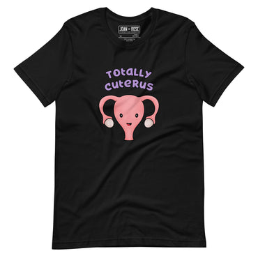 Black coloured t-shirt with an illustration of a cute uterus character smiling with the text in purple 'Totally Cuterus'