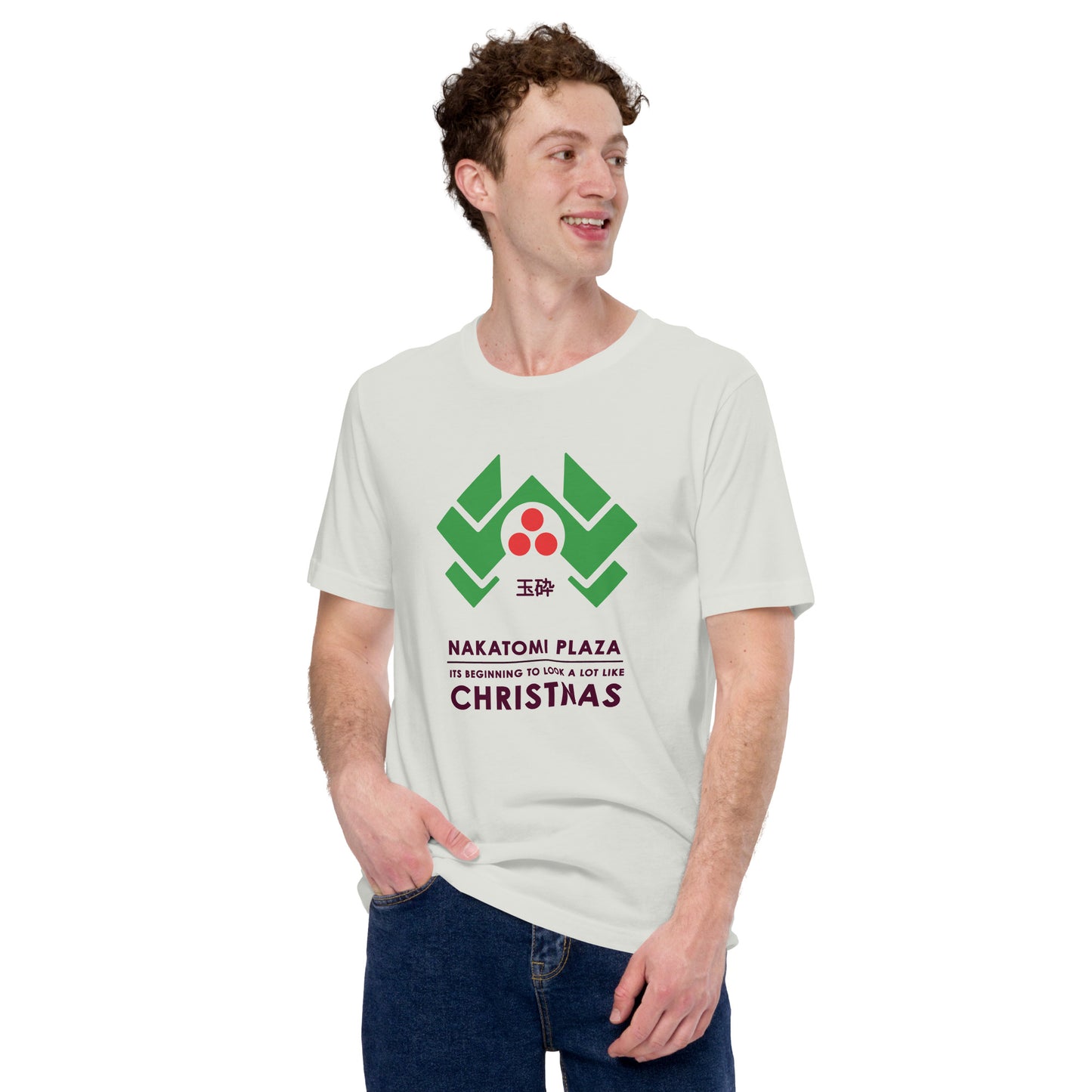 Silver t-shirt version of Nakatomi Plaza Die Hard t-shirt on a male body
