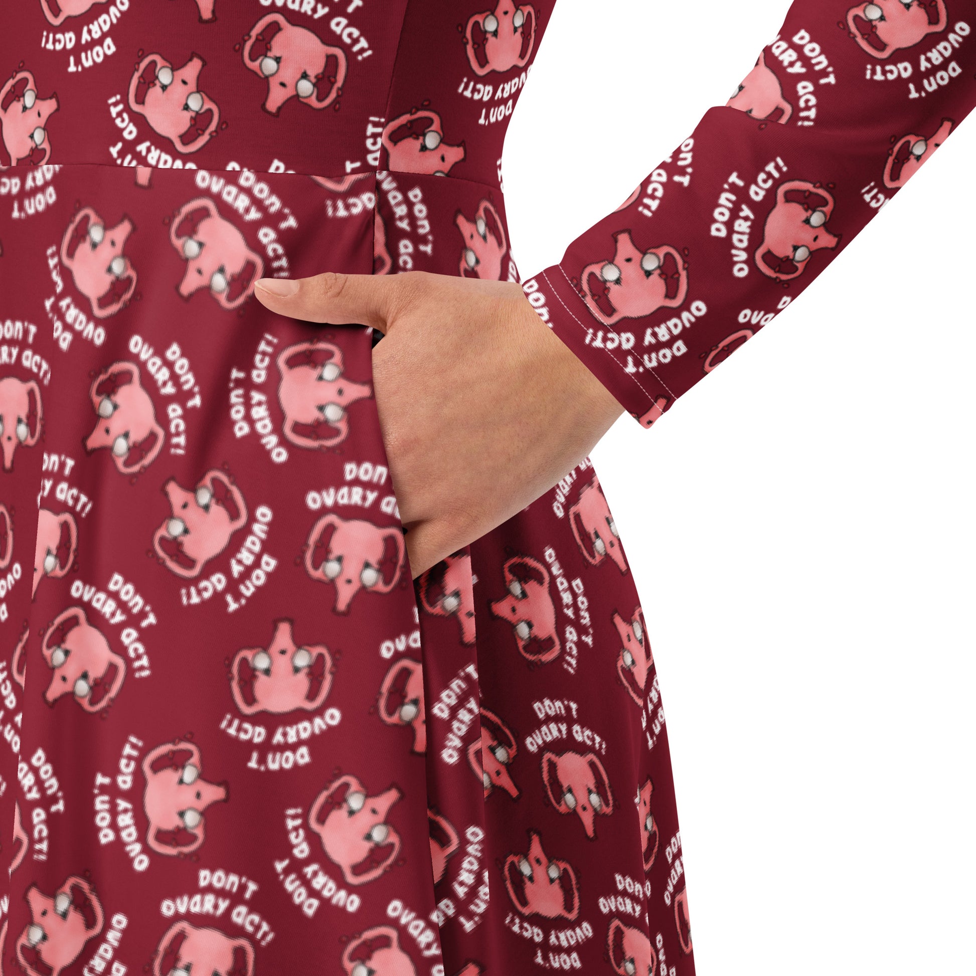 Close up of Don't Ovary Act dress in red showing pockets