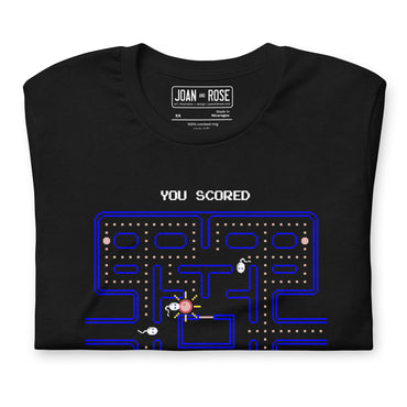 Close up of You Scored, Game Over t-shirt showing inside label details