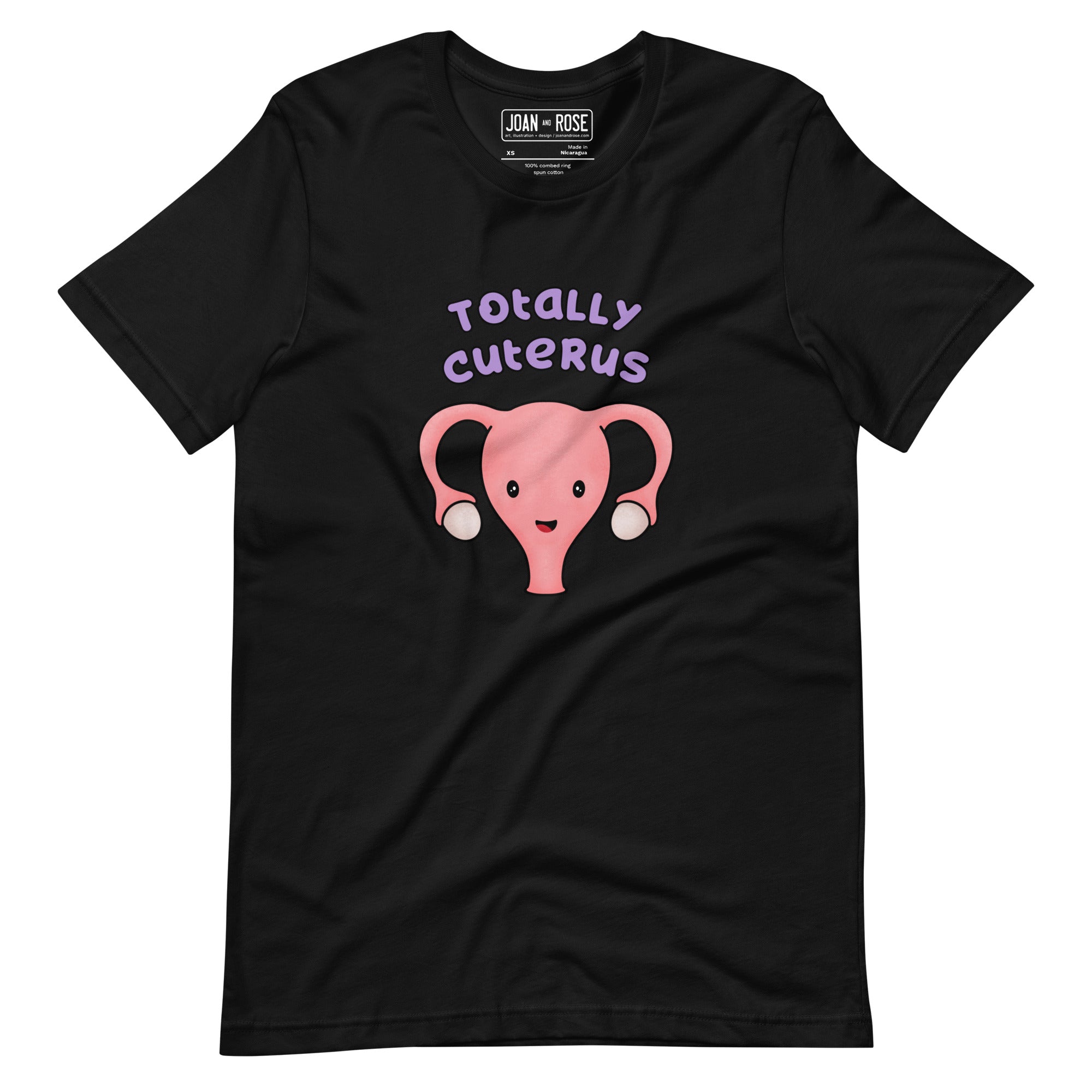 Black coloured  t-shirt with an illustration of a cute uterus character smiling with the text in purple 'Totally Cuterus'