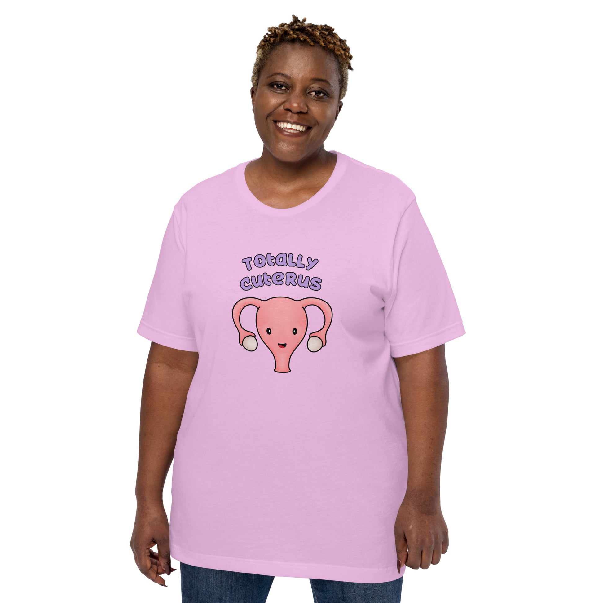 Lilac version of Totally Cuterus t-shirt on a female body