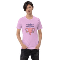 Lilac version of Totally Cuterus t-shirt on a male body