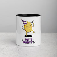 front view of Lemon Party mug with black interior and handle