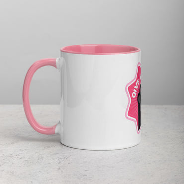 left hand facing image of a white mug with pink interior and handle. Mug has image of a black cats paw on a pink 8 sided star with the text 'give me four'