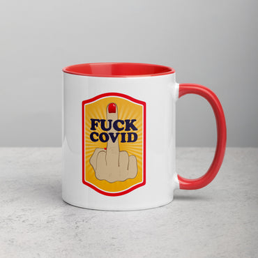 side view of Fuck COVID middle finger mug with red interior. Mug has image of hand giving the middle finger with text Fuck COVID