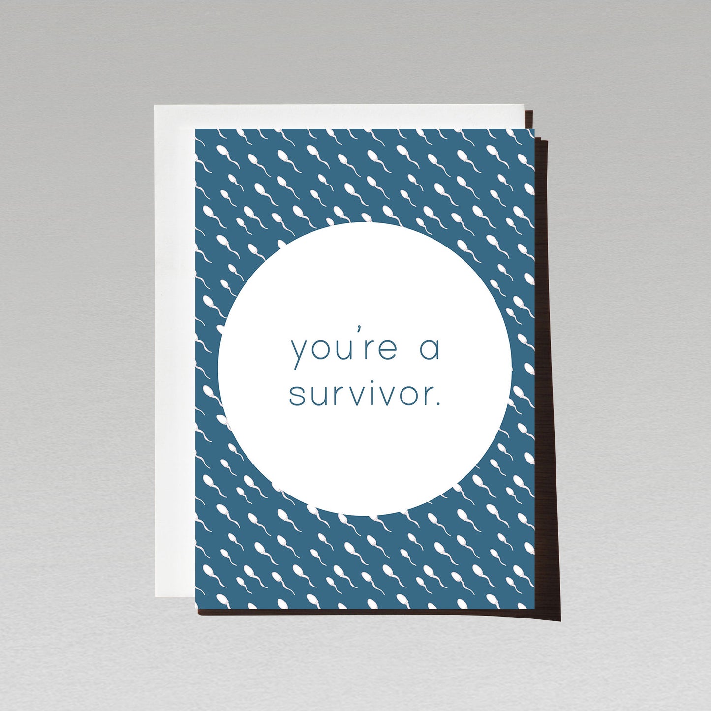 Blue backround greeting card filled with white sperm pattern with text You're a survivor