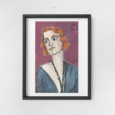Edith portrait, vintage brunette woman on burgundy painting in watercolor, gouache and ink from Joan and Rose shown hanging in a frame on a wall 