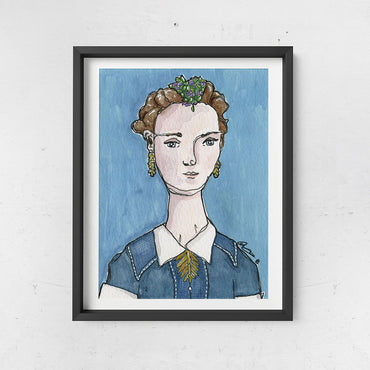 Jane portrait, vintage brunette woman on blue painting in watercolor, gouache and ink from Joan and Rose shown hanging in a frame on a wall 