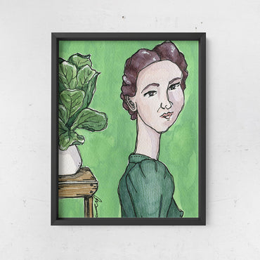 Norma portrait, vintage brunette woman on green painting in watercolor, gouache and ink from Joan and Rose shown hanging in a frame on a wall 