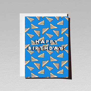 rainbow fairy bread pattern on bright blue background with text happy birthday