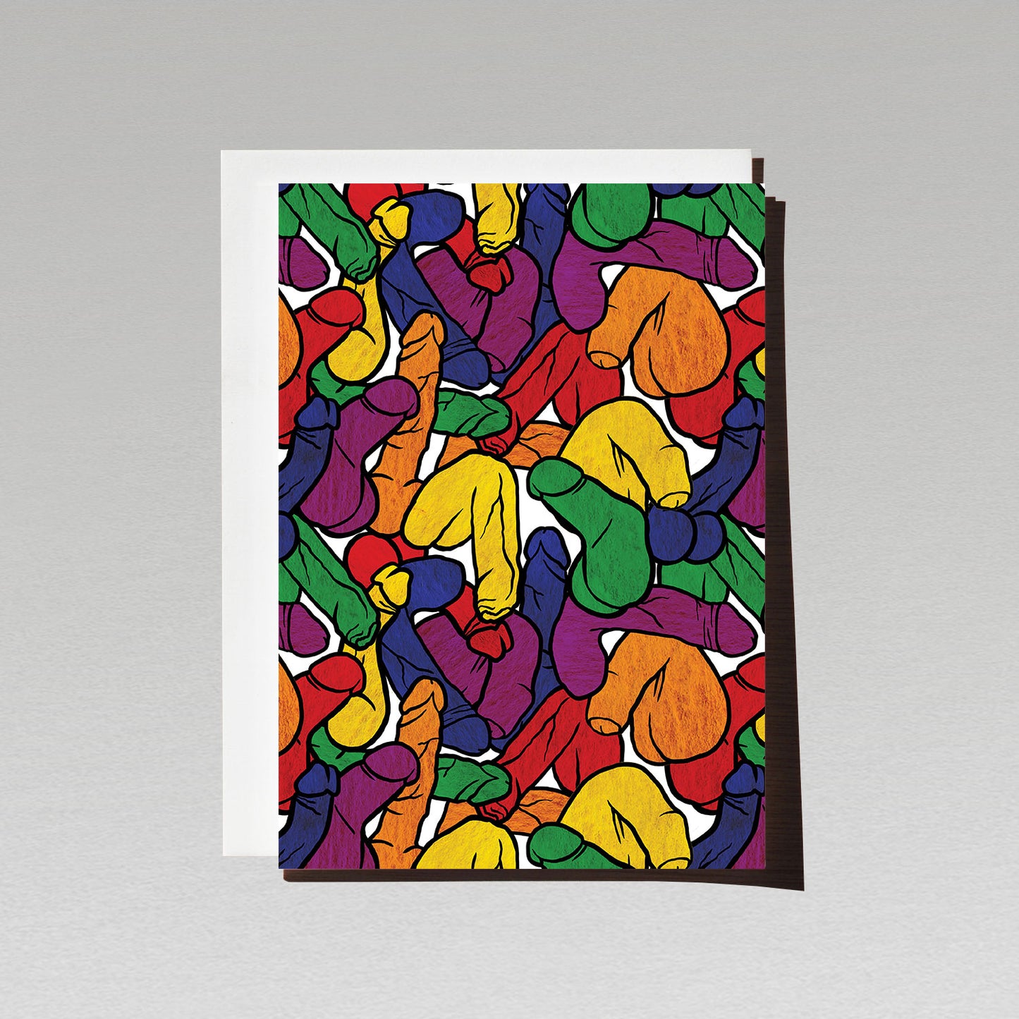 Greeting Card with LGBTQI rainbow flag coloured pattern made of all different illustrated penis shapes and sizes