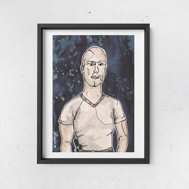 Chiklis style The Shields watercolour, gouache and ink original character portrait painting from Joan and Rose shown hanging in a frame on a wall 