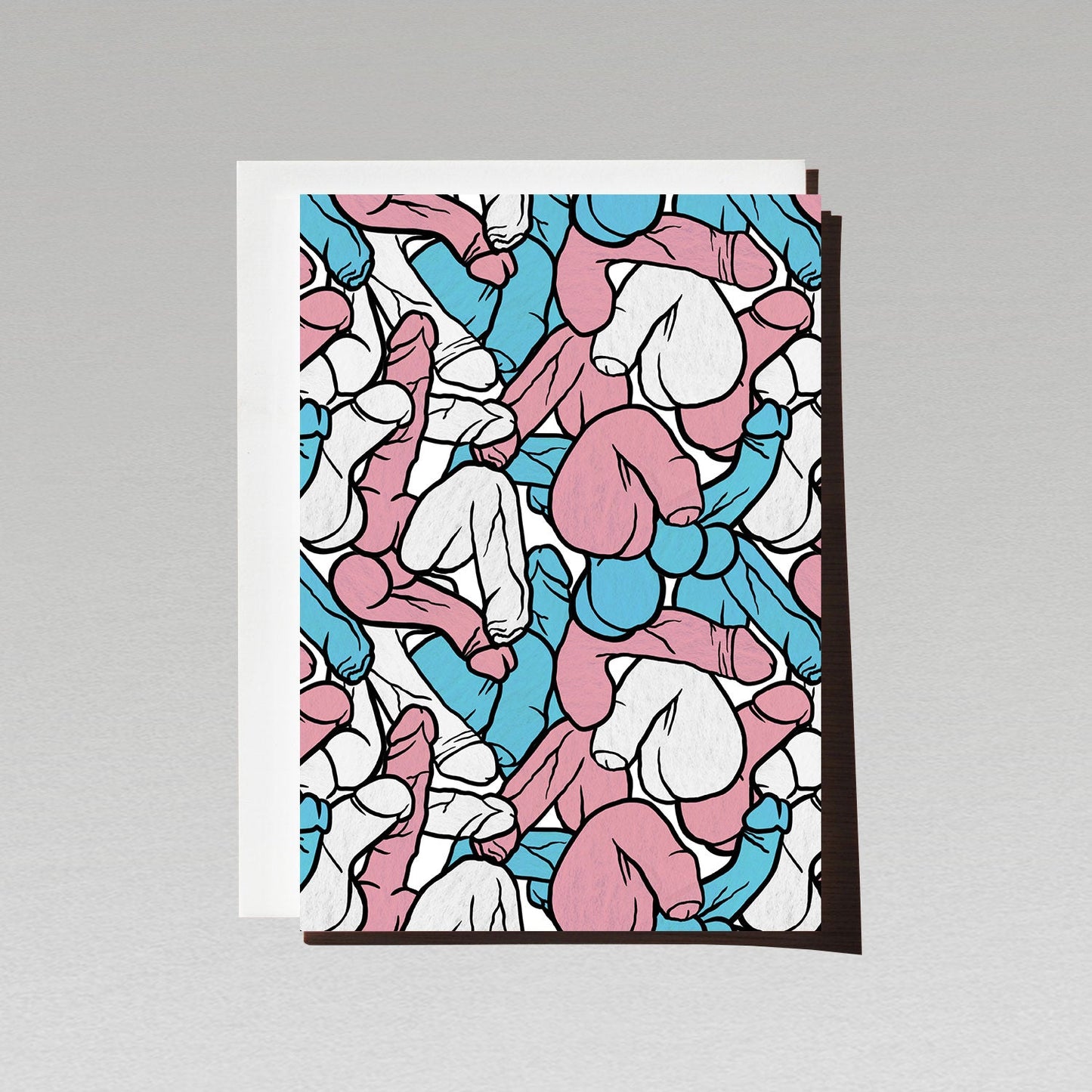 Greeting Card with LGBTQI transgender flag coloured pattern made of all different illustrated penis shapes and sizes