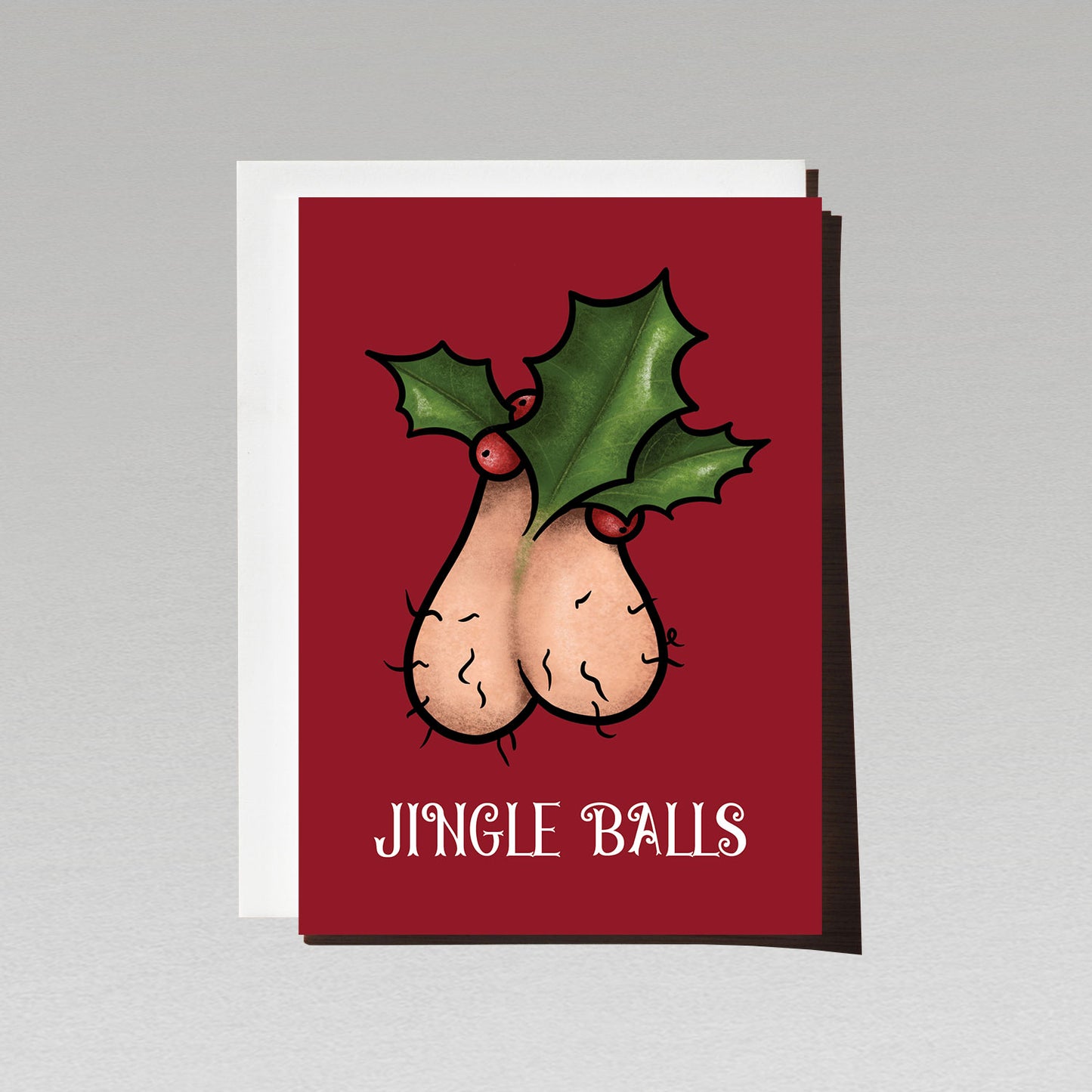 Christmas holly leaves with hairy testicles as berries on dark red background with text Jingle Balls