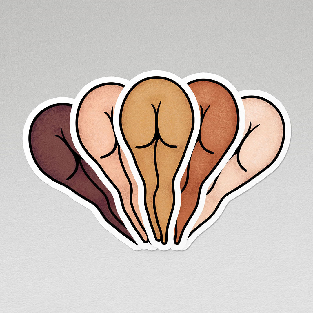 image of five sticker variations in different available skin tones of a female naked bottom and legs vinyl sticker with white border