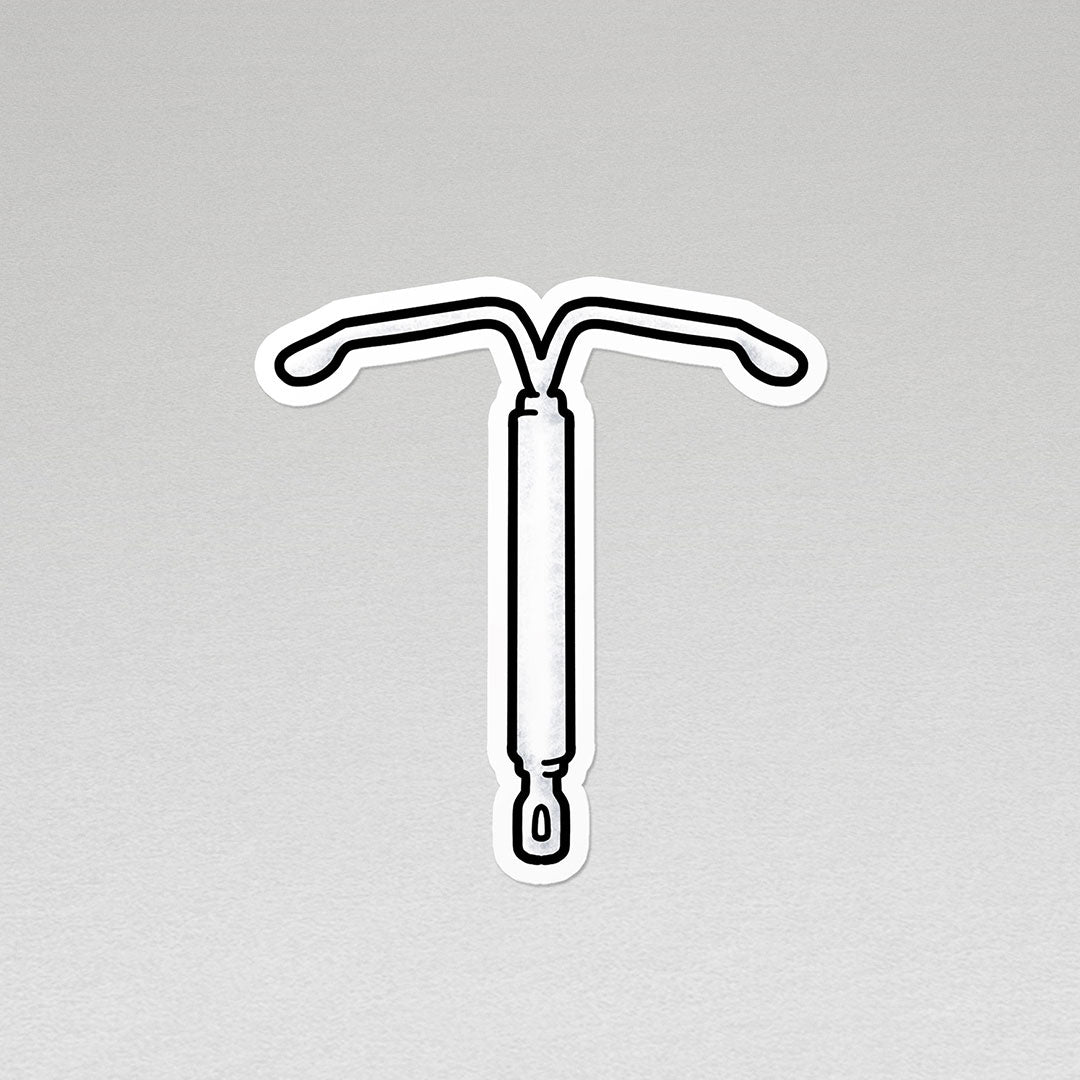 image of a white Mirena IUD vinyl sticker with white border