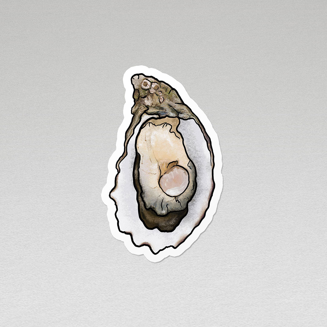 image of a shucked oyster with pearl vinyl sticker with white border